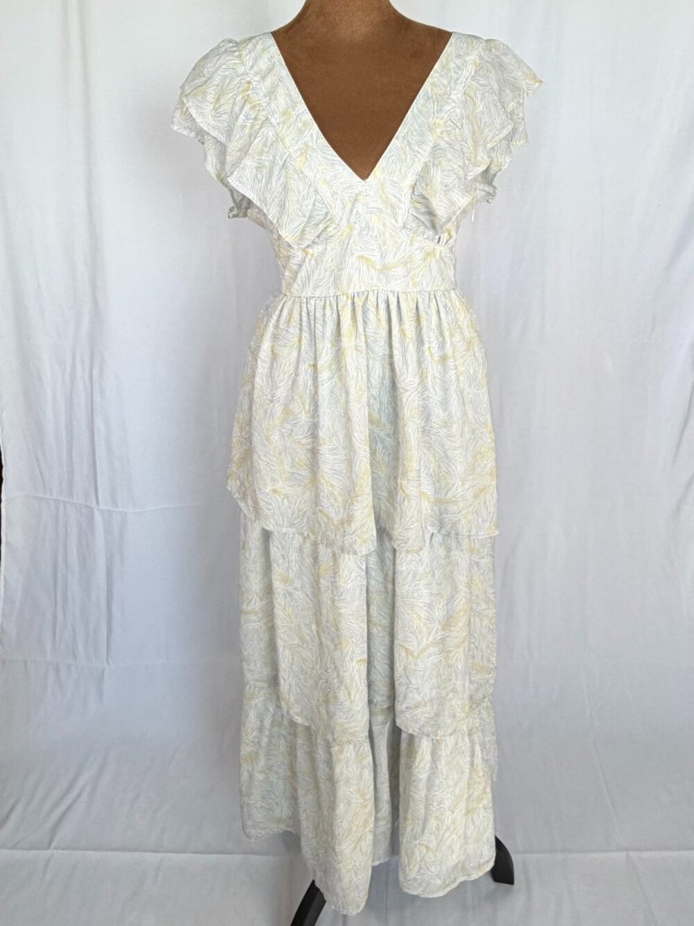 Maison Maar Botanical Tiered Flutter Sleeve Maxi Dress M